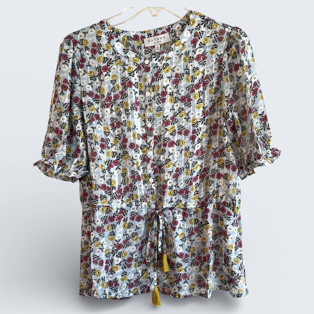 Hayden Flowered Chiffon Blouse Puff Sleeves Peplum Tassels Size S NWT